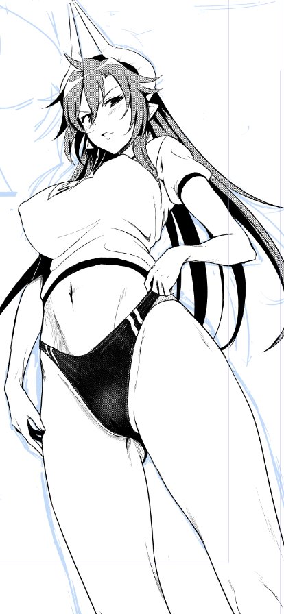 1girl, breasts, buruma, from_below, gym_uniform, highleg, highleg_buruma, horns