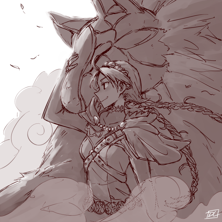 1girl, armor, artist_name, braid, cape, commentary, dl, eponine_(fire_emblem_if), fire_emblem, fire_emblem_if, from_side, greyscale, grin, hairband, long_braid, long_braids, long_hair, monochrome, monster, smile, twin_braids, upper_body, velour_(fire_emblem_if), werewolf