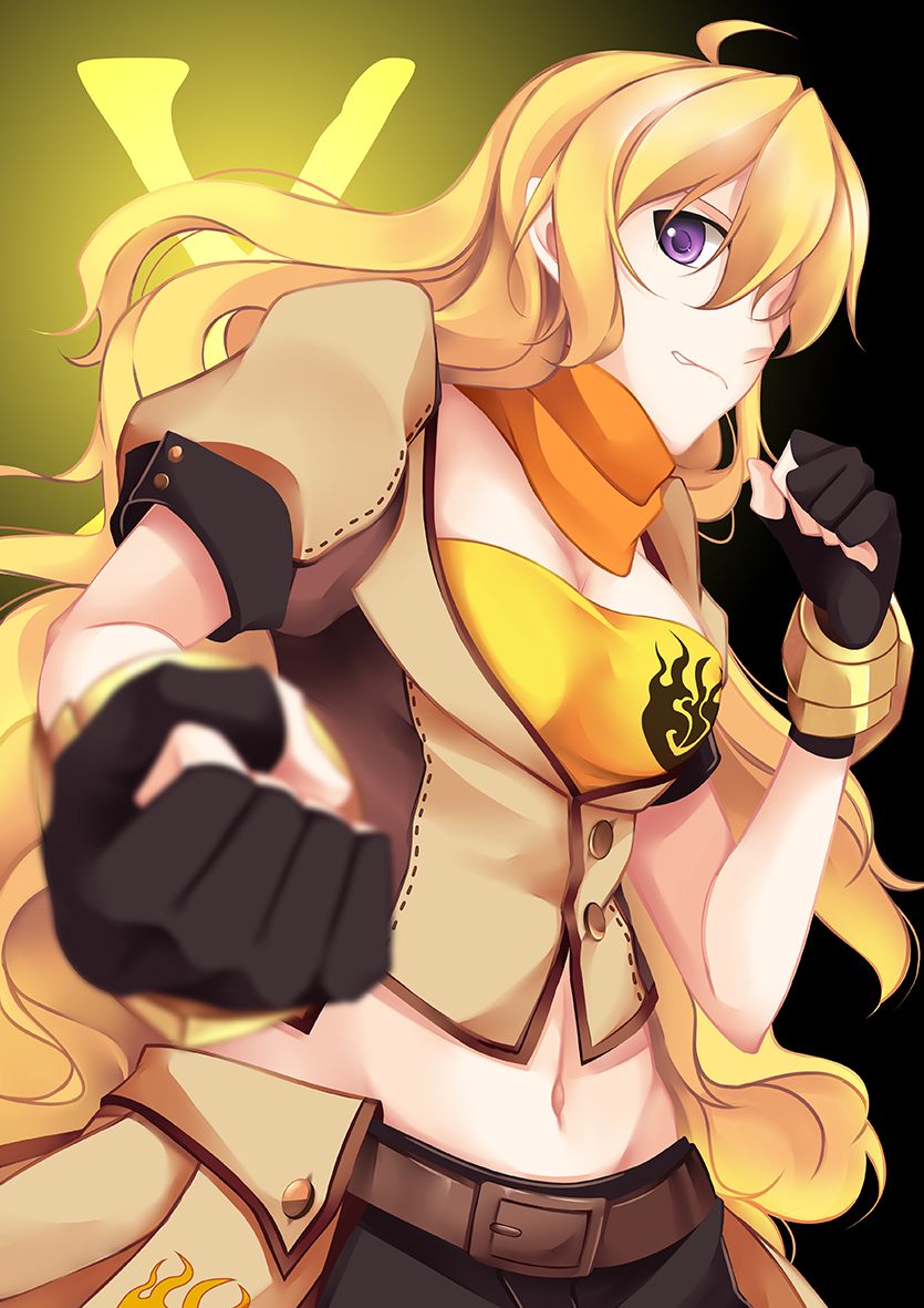 1girl, ahoge, belt, black_background, blonde_hair, breasts, cleavage, clenched_hands, gloves, gradient, gradient_background, groin, inu0831, long_hair, midriff, rwby, solo, violet_eyes, yang_xiao_long
