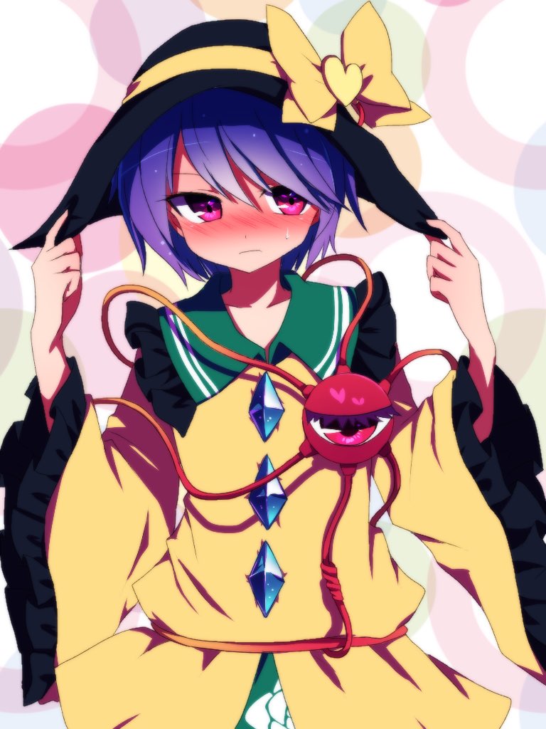 1girl, black_hat, blush, bow, closed_mouth, cowboy_shot, embarrassed, eyeball