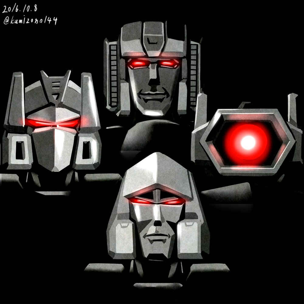 4boys, 80s, bohemian_rhapsody, decepticon, glowing, glowing_eyes, greyscale, kamizono_(spookyhouse)