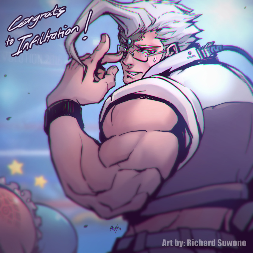1boy, adjusting_glasses, alternate_color, cable, charlie_nash, commentary, congratulations, ethernet_cable