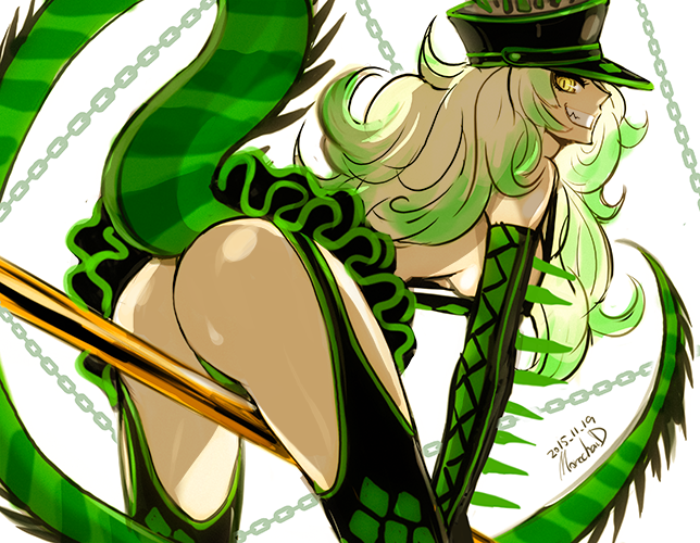 1girl, chain, elbow_gloves, gloves, green_hair, grin, hat, lizard_tail