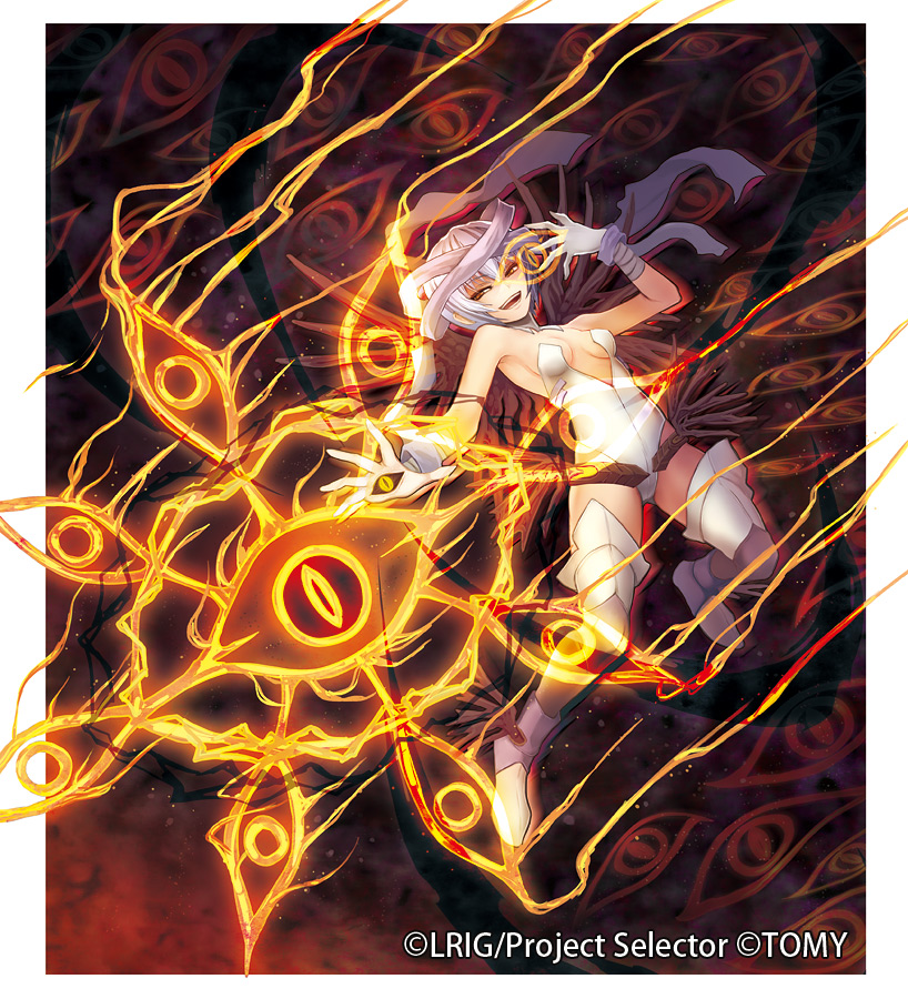 1girl, black_sclera, boots, extra_eyes, eye_in_palm, gloves, magic, nekobayashi