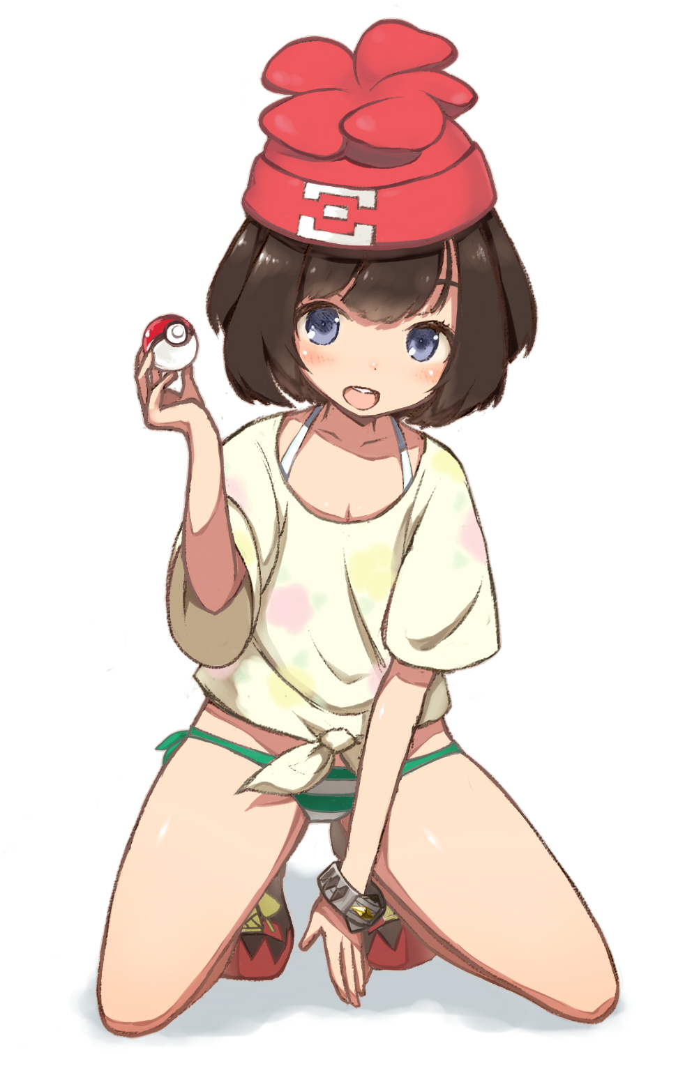 1girl, bangs, beanie, black_hair, blue_eyes, blush, bra, bra_strap, bracelet, commentary_request, female_protagonist_(pokemon_sm), hat, highres, holding, holding_poke_ball, jewelry, kneeling, looking_at_viewer, no_pants, open_mouth, panties, poke_ball, pokemon, pokemon_(game), pokemon_sm, red_hat, ruiten, shirt, shoes, short_hair, side-tie_panties, smile, sneakers, solo, striped, striped_panties, swept_bangs, t-shirt, underwear, wide_sleeves