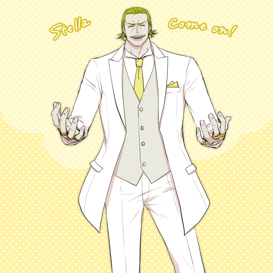 !, 1boy, character_name, closed_eyes, earrings, formal, gild_tesoro, green_hair, jewelry, necktie, one_piece, one_piece_film_gold, open_mouth, river_ls, solo, suit