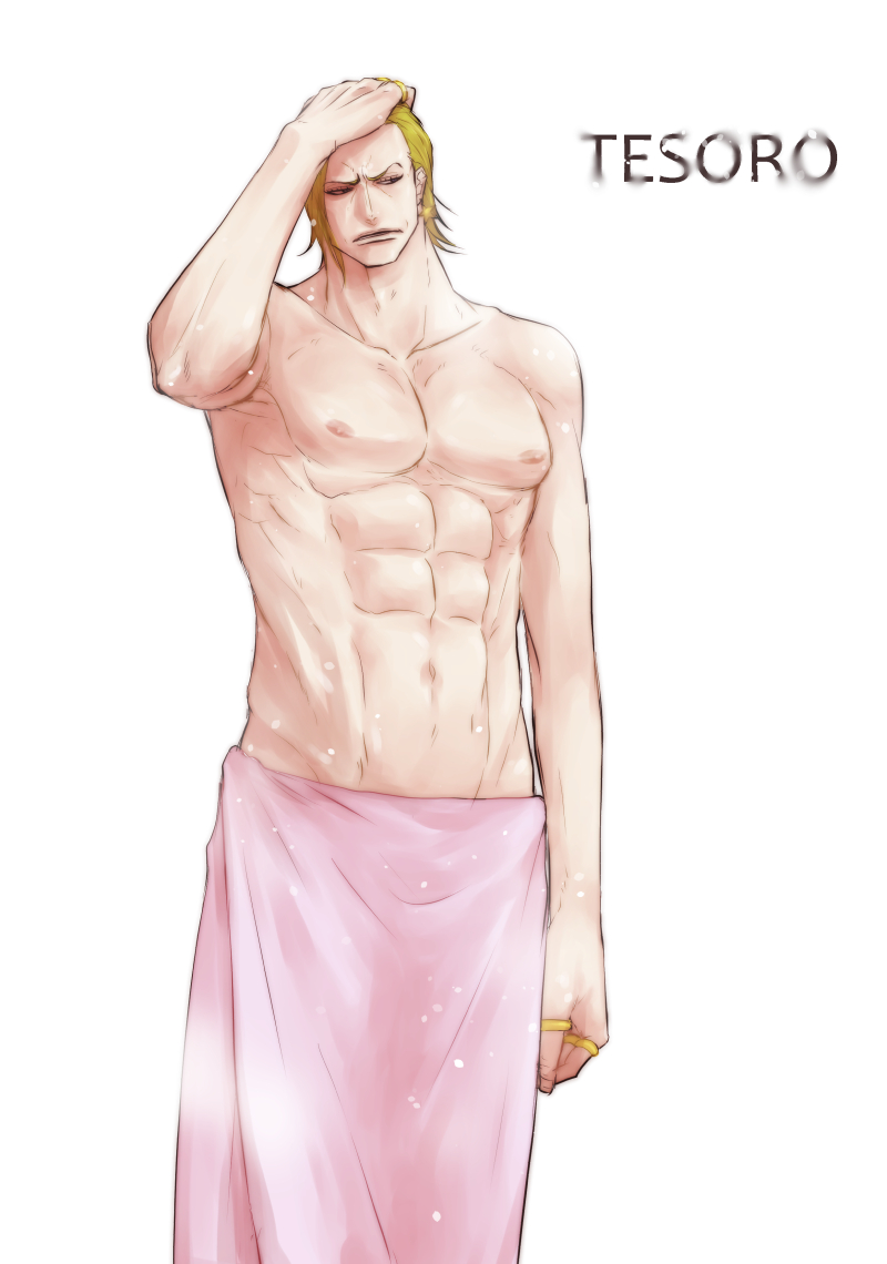 1boy, abs, earrings, gild_tesoro, green_hair, jewelry, one_piece, one_piece_film_gold, open_mouth, ring, river_ls, shirtless, simple_background, solo, towel, white_background