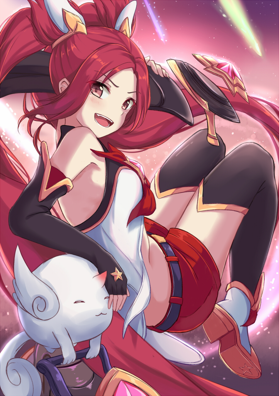1girl, :d, black_gloves, black_legwear, elbow_gloves, fingerless_gloves, gloves, highres