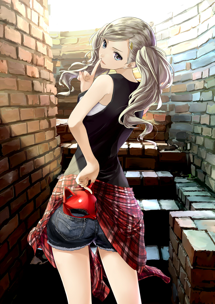 1girl, ass, bangs, blonde_hair, blue_eyes, brick_wall, chef_no_kimagure_salad, finger_to_mouth