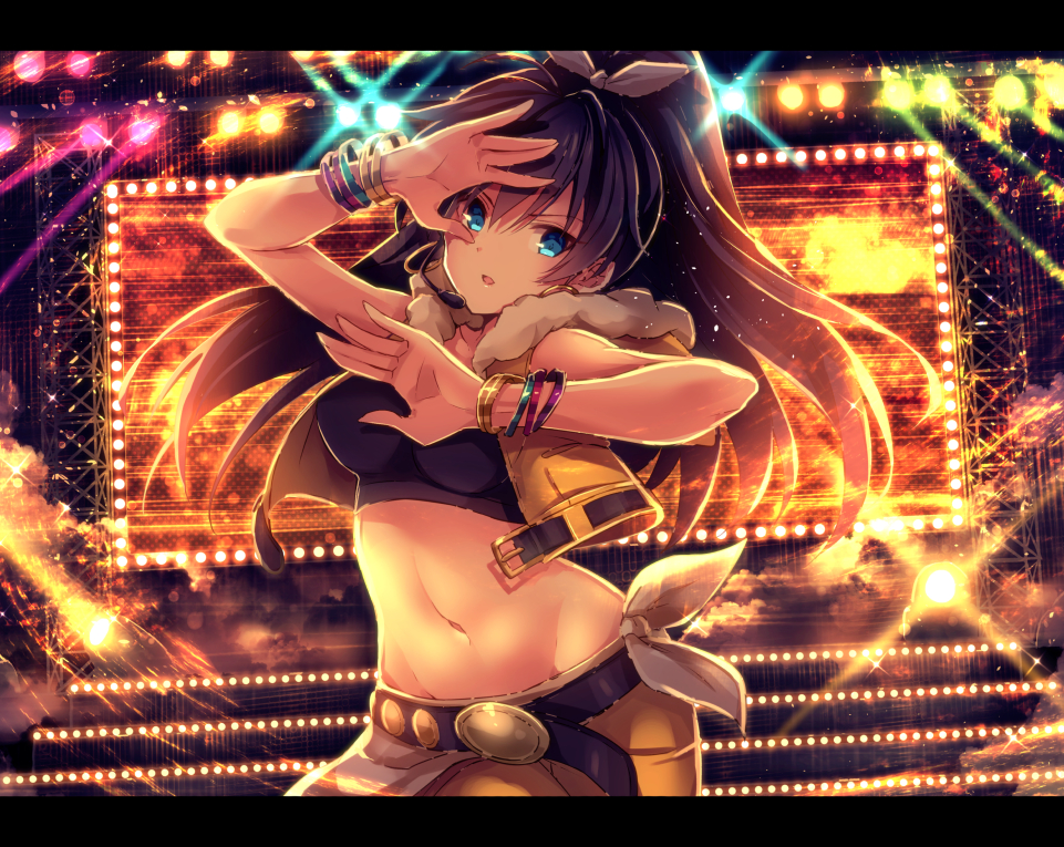 1girl, antenna_hair, bangle, beyond_the_vibes, black_hair, blue_eyes, bracelet, breasts