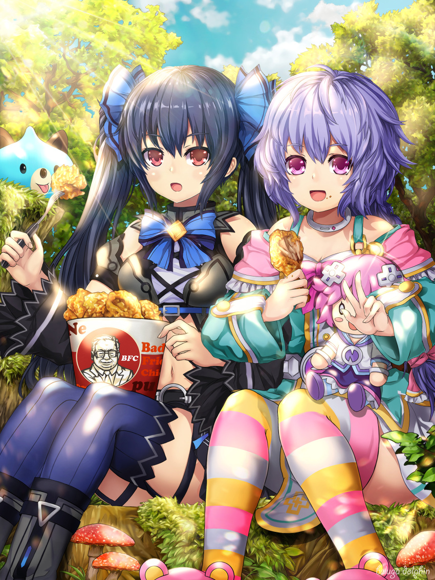 2girls, akudaijin, bare_shoulders, beluga_dolphin, black_hair, blush, braid, breasts
