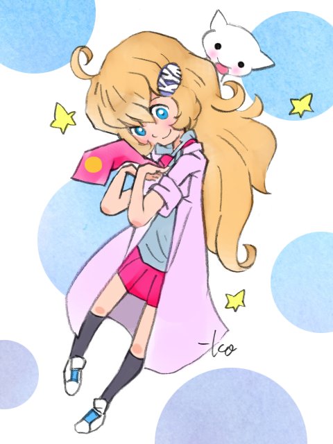 1girl, ahoge, bad_id, bangs, blonde_hair, blue_eyes, blush, cat