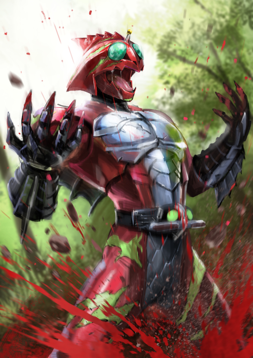 1boy, absurdres, blood, blood_splatter, green_eyes, highres, kamen_rider, kamen_rider_amazon_alpha, kamen_rider_amazons, kuchibiru_keisuke, male, monster, open_mouth, solo