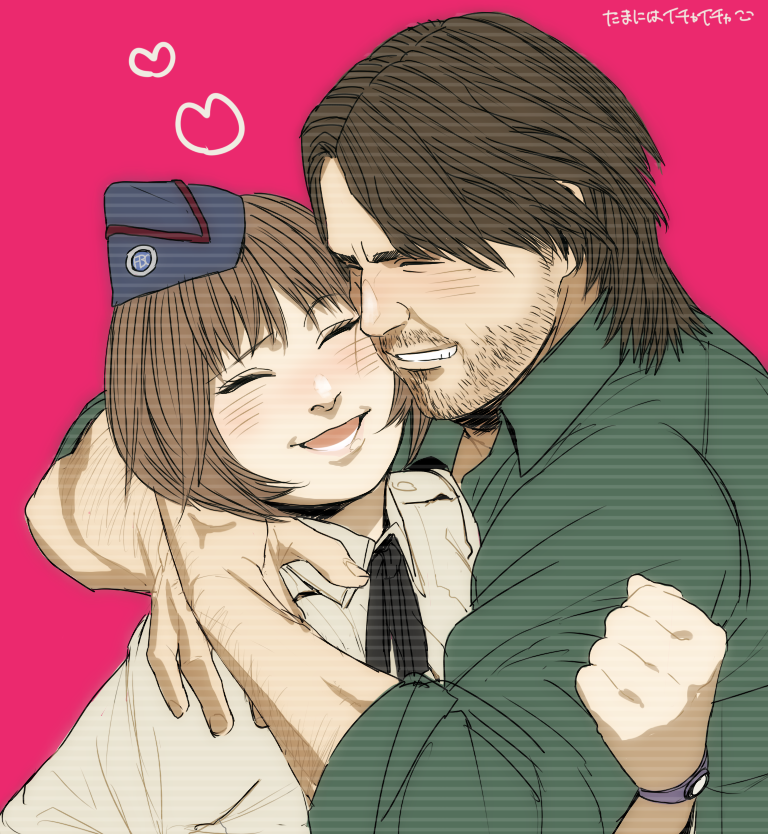 1boy, 1girl, blush, bob_cut, brown_hair, closed_eyes, couple, facial_hair