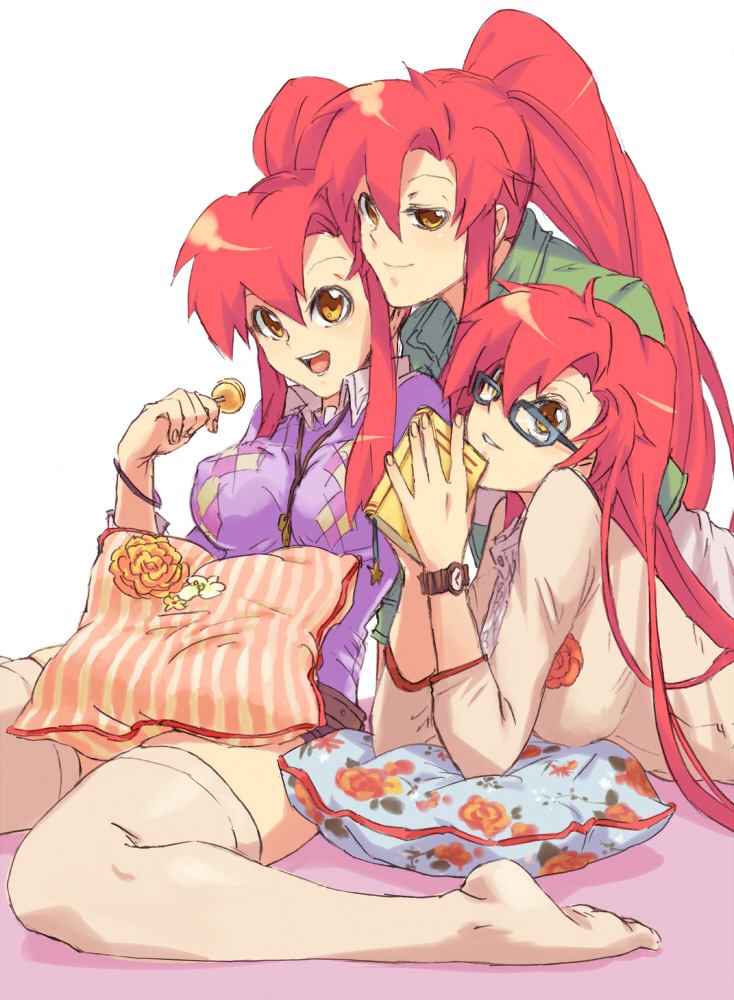 adult, argyle, book, candy, cardigan, feet, flower, glasses, lollipop, long_hair, multiple_girls, multiple_persona, pillow, ponytail, red_hair, redhead, sako, sweater, tengen_toppa_gurren_lagann, thigh-highs, thighhighs, watch, white_legwear, white_thighhighs, wristwatch, yellow_eyes, yoko's_day, yoko's_day, yoko_littner, yoko_ritona