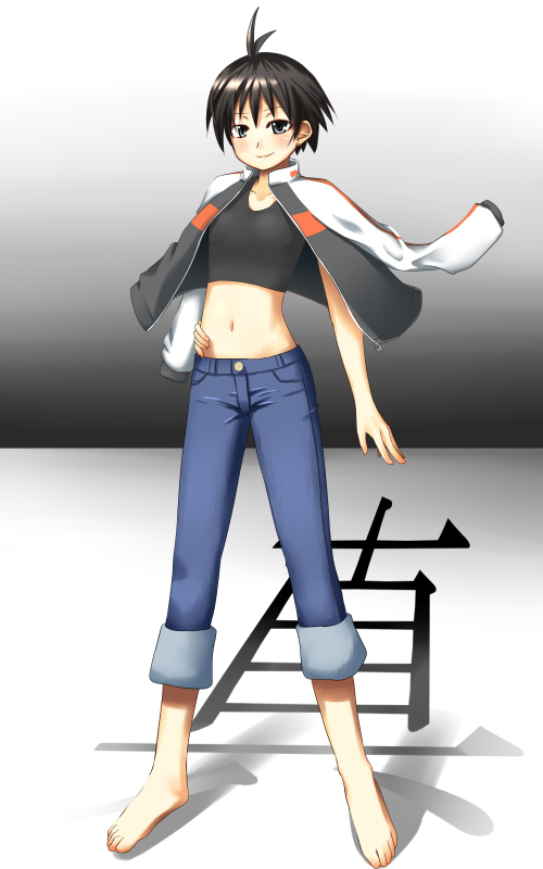 barefoot, black_eyes, black_hair, feet, flat_chest, idolmaster, jacket, jacket_on_shoulders