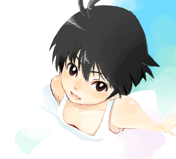 bare_shoulders, black_hair, brown_eyes, dress, face, foreshortening, from_above, idolmaster