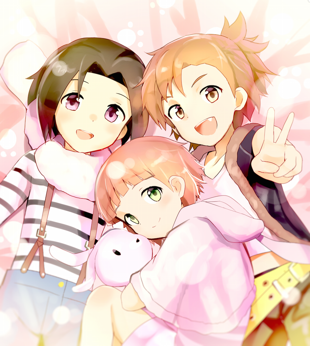 3boys, blush, brown_eyes, brown_hair, cocolo_(co_co_lo), fang, green_eyes, himeno_kanon
