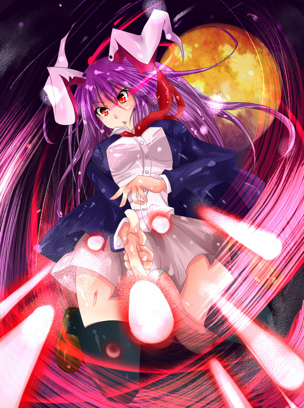 bajiru, blazer, bunny_ears, danmaku, finger_gun, highres, long_hair, moon, necktie, panties, purple_hair, rabbit_ears, red_eyes, reisen_udongein_inaba, thigh-highs, thighhighs, touhou, underwear