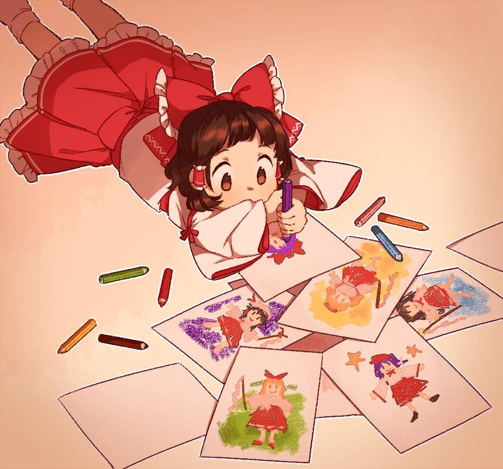 1girl, black_hair, blonde_hair, bow, brown_eyes, brown_hair, colored_pencil, dolls_in_pseudo_paradise