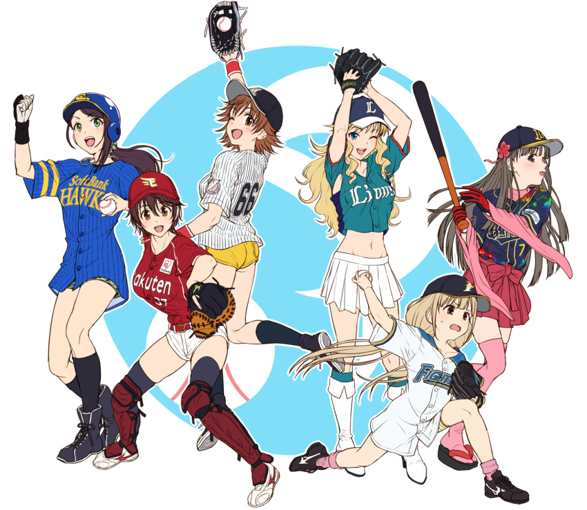6+girls, arm_up, arms_up, ass, baseball, baseball_bat, baseball_cap, baseball_mitt