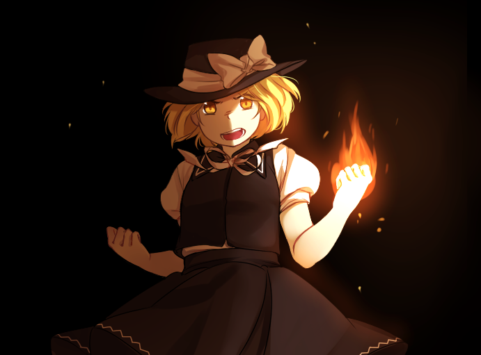 1girl, black_background, black_dress, blonde_hair, bow, clenched_hand, commentary, dress, facing_viewer, fire, hat, hat_bow, hat_ribbon, looking_at_viewer, nekolina, open_mouth, puffy_short_sleeves, puffy_sleeves, ribbon, shaded_face, shadow, short_hair, short_sleeves, solo, touhou, touhou_(pc-98), yellow_eyes, yuki_(touhou)