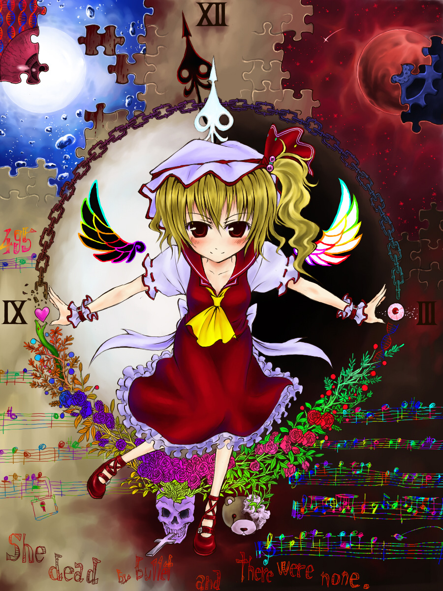 blonde_hair, clock, flandre_scarlet, hat, highres, moon, ponytail, puzzle
