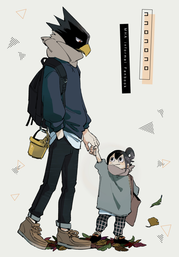1girl, :>, arm_up, asui_tsuyu, autumn_leaves, backpack, bag, black_hair