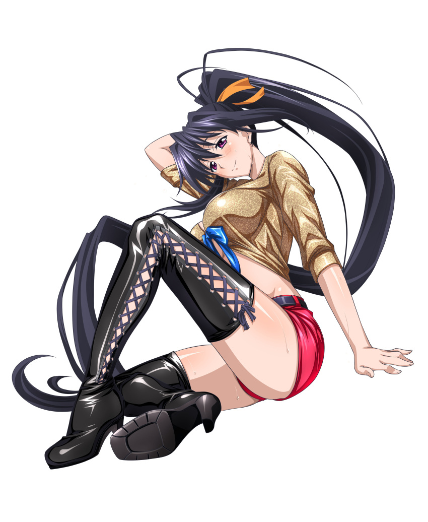 1girl, absurdres, arm_up, black_hair, boots, cross-laced_footwear, full_body, hand_behind_head