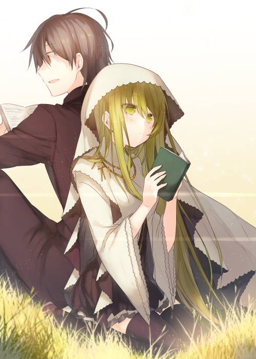 1boy, 1girl, ahoge, back-to-back, bangs, black_dress, black_hair, black_legwear