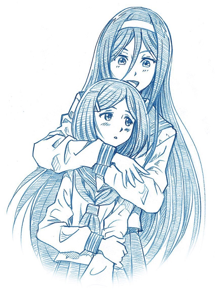 2girls, arms_around_neck, bangs, bbb_(friskuser), commentary_request, eba_kurako, hair_between_eyes, hair_ornament