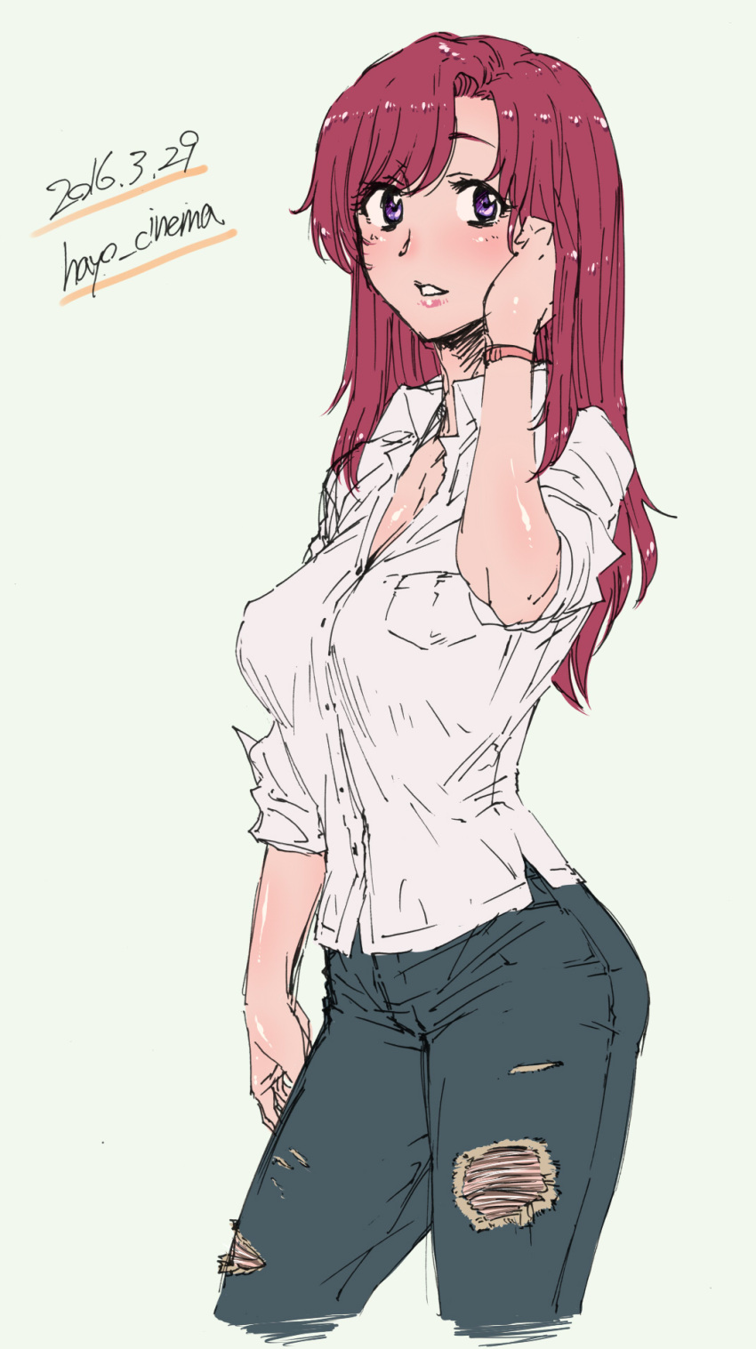 1girl, character_request, dated, denim, hand_on_own_face, highres, jeans, long_hair, looking_at_viewer, pants, parted_lips, redhead, select_(dragon62), simple_background, sketch, solo, thighs, torn_clothes, torn_jeans, twitter_username, violet_eyes, yellow_background
