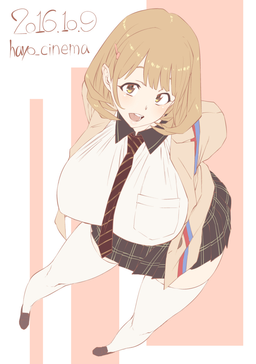 1girl, arms_behind_back, breasts, brown_eyes, brown_hair, dated, hair_ornament, hairclip
