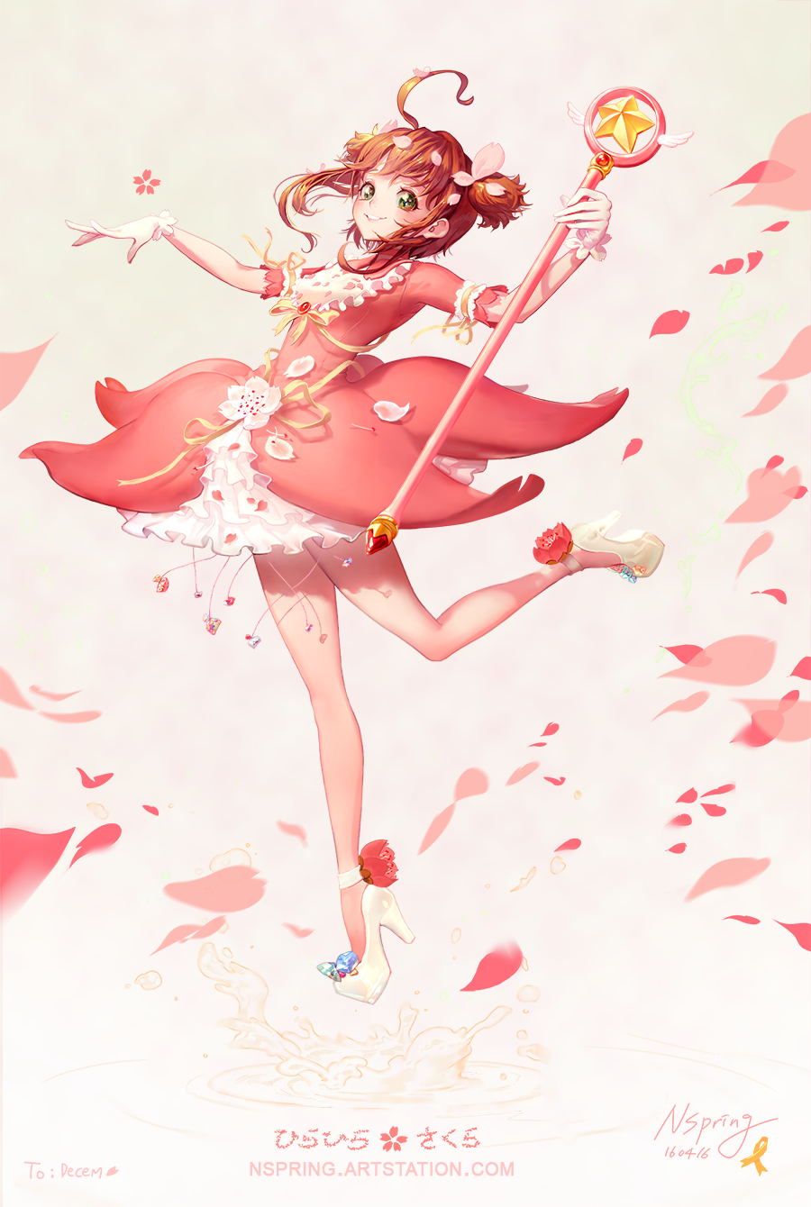 1girl, ahoge, brown_hair, cardcaptor_sakura, dated, dress, flower, full_body, gloves, green_eyes, high_heels, highres, hoshi_no_tsue, kinomoto_sakura, petals, pink_dress, shabomu, signature, smile, solo, twintails, watermark, web_address, white_gloves