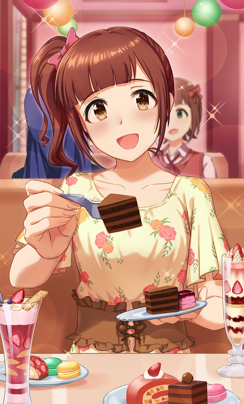 3girls, amami_haruka, bangs, blue_hair, blunt_bangs, blurry, blush, bow