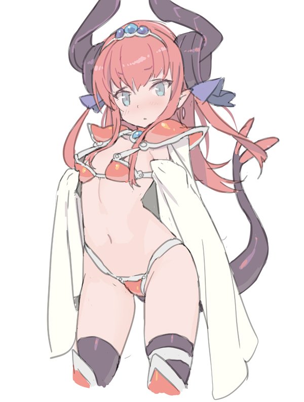 1girl, armor, asymmetrical_horns, bikini_armor, blade_(galaxist), blue_eyes, boots, cape
