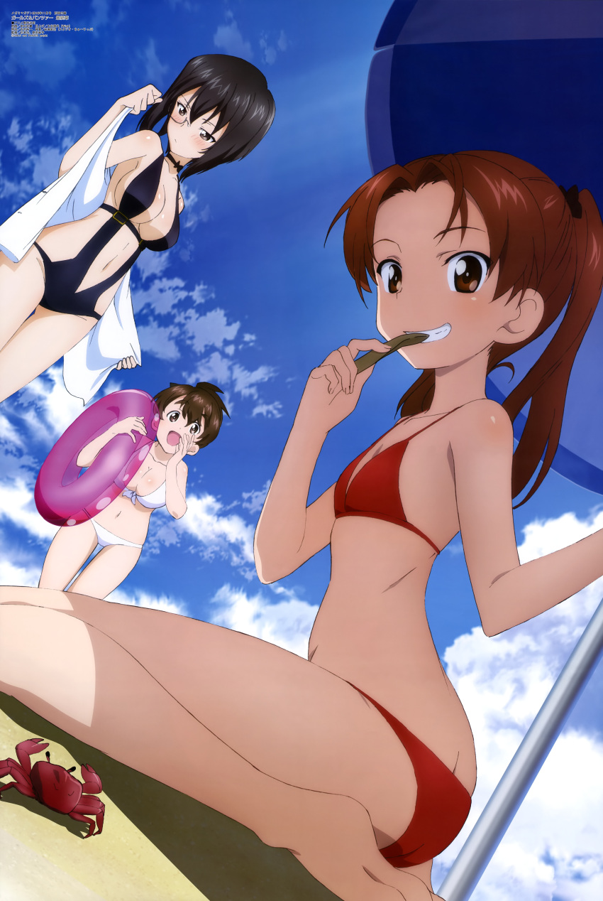 3girls, absurdres, ass, beach, beach_umbrella, bikini, black_hair, blush