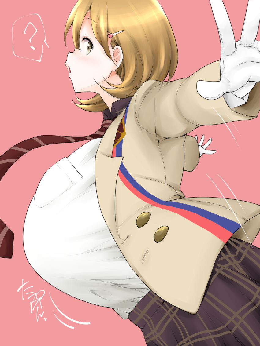 1girl, :o, ?, arms_behind_back, bouncing_breasts, breasts, brown_eyes, brown_hair