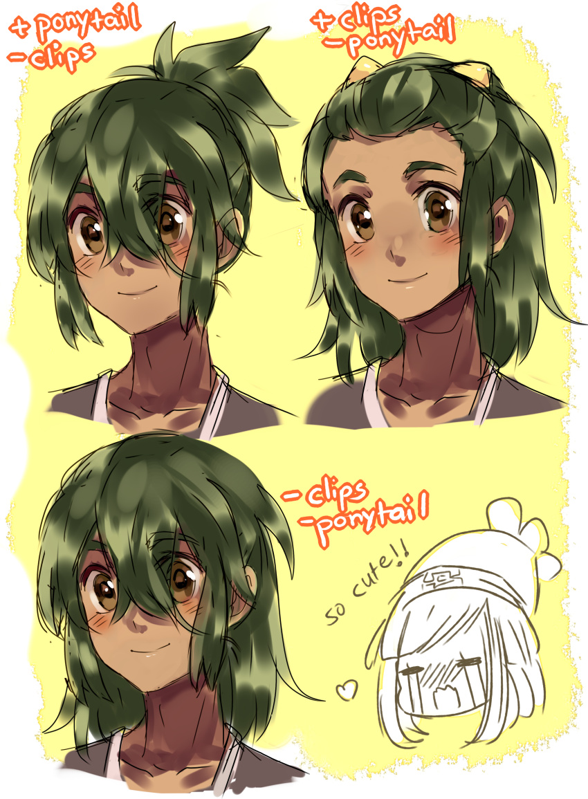 1boy, 1girl, alternate_hair_length, alternate_hairstyle, crying, female_protagonist_(pokemon_sm), green_hair, hau_(pokemon)