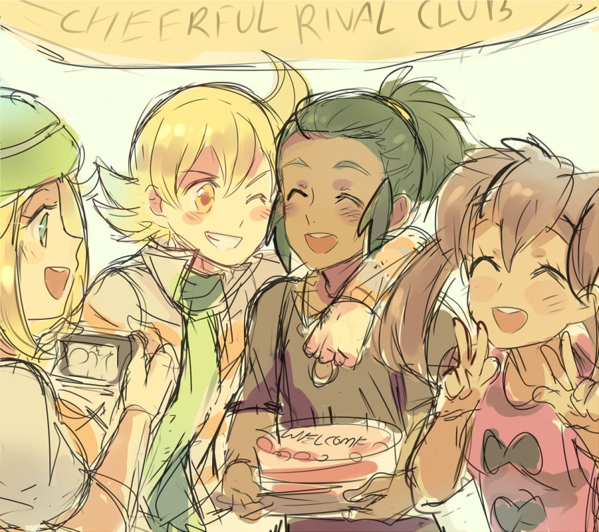 2016, 2boys, 2girls, bel_(pokemon), cake, camera, closed_eyes, dark_skin