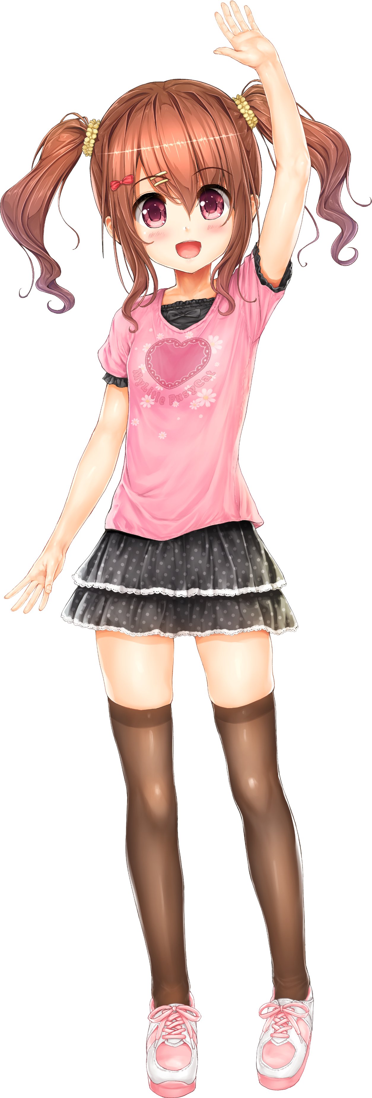 1girl, absurdres, arm_up, black_legwear, brown_hair, endou_hiroto, hair_ornament, hairclip