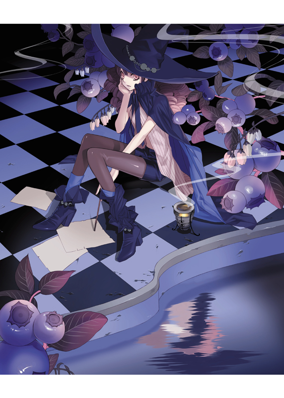 blueberry, boots, brown_eyes, brown_hair, cape, checkered, checkered_floor, chin_rest, drill_hair, flower, food, fruit, hat, lololo, long_hair, original, paper, shorts, sitting, solo, water, witch, witch_hat