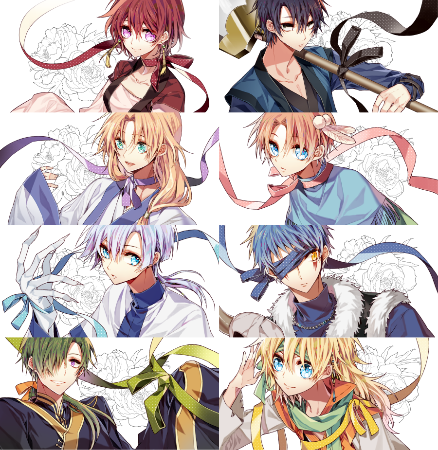 1girl, 6+boys, akatsuki_no_yona, black_hair, blonde_hair, blue_eyes, blue_hair, brown_hair