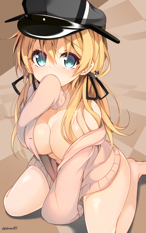 1girl, anchor_hair_ornament, aqua_eyes, blonde_hair, blush, breasts, checkered, checkered_floor
