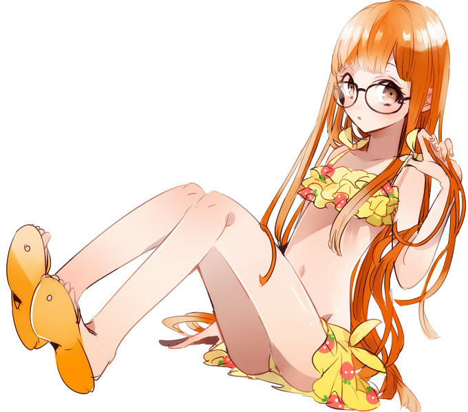 1girl, ass, bikini, brown_hair, chidori_(@rom), frilled_bikini, frills, glasses