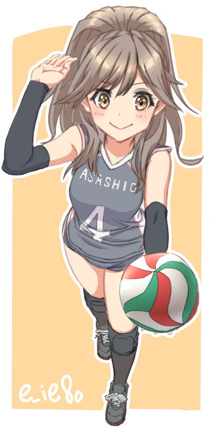1girl, alternate_costume, alternate_hairstyle, alternate_legwear, arashio_(kantai_collection), arm_warmers, black_legwear, blush