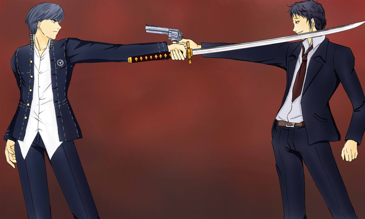 adachi_tohru, gun, handgun, katana, male, mexican_standoff, narukami_yuu, necktie