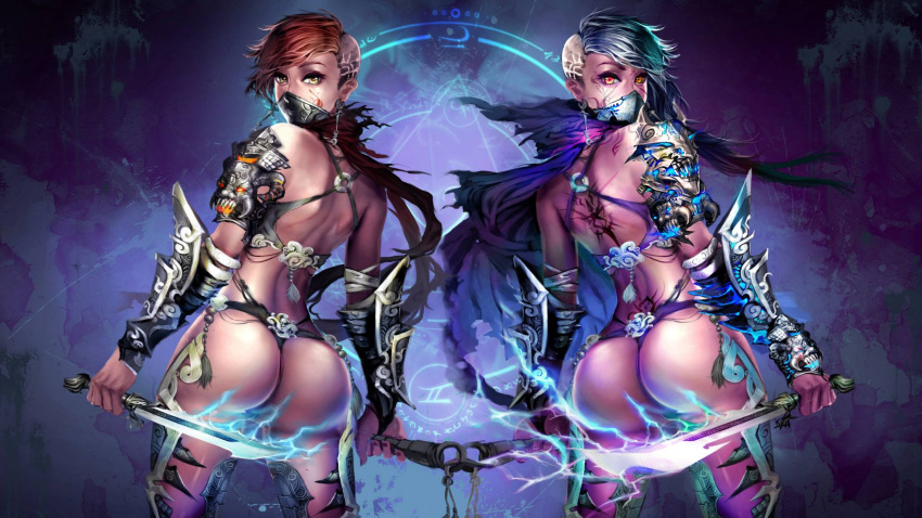 2girls, ass, dagger, energy, highres, ken_(kenshjn_park), looking_back, mask