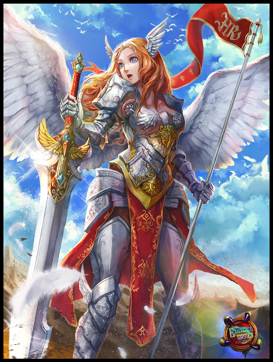 1girl, angel, bird, blue_eyes, clouds, cowter, from_below, head_wings