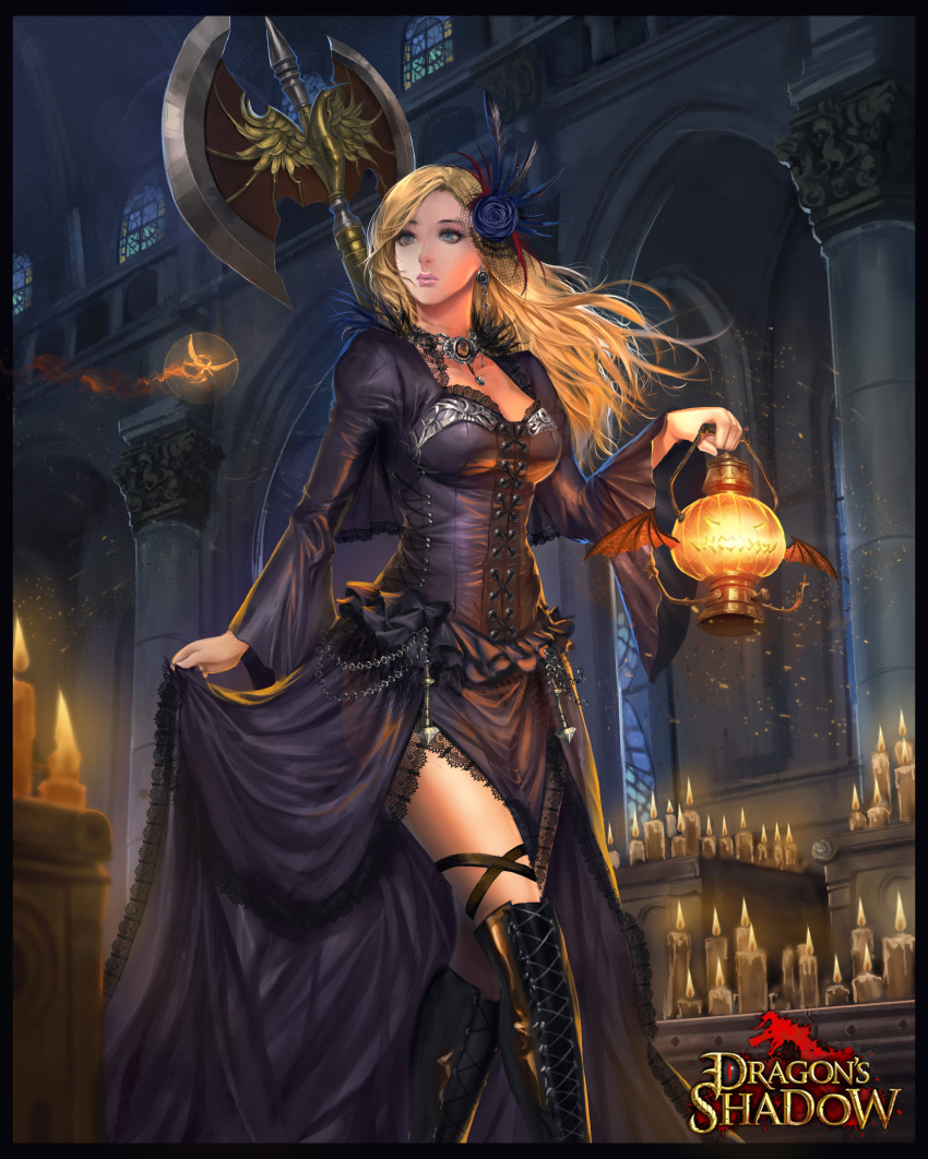 1girl, absurdres, arch, ass, blonde_hair, blue_eyes, boots, candle